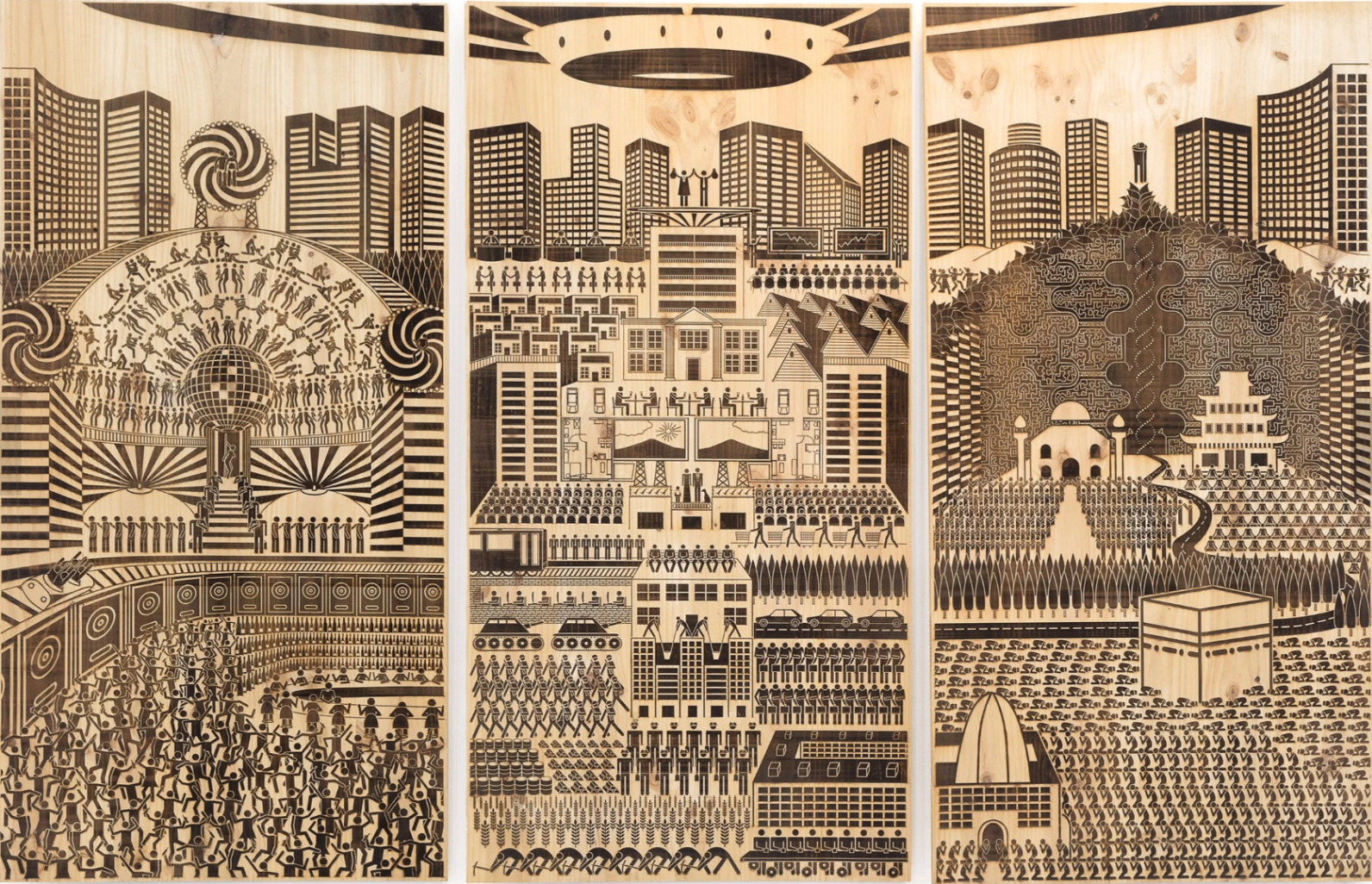 Interstellar guided tour — laser on wood, 370 × 250 cm, 2021